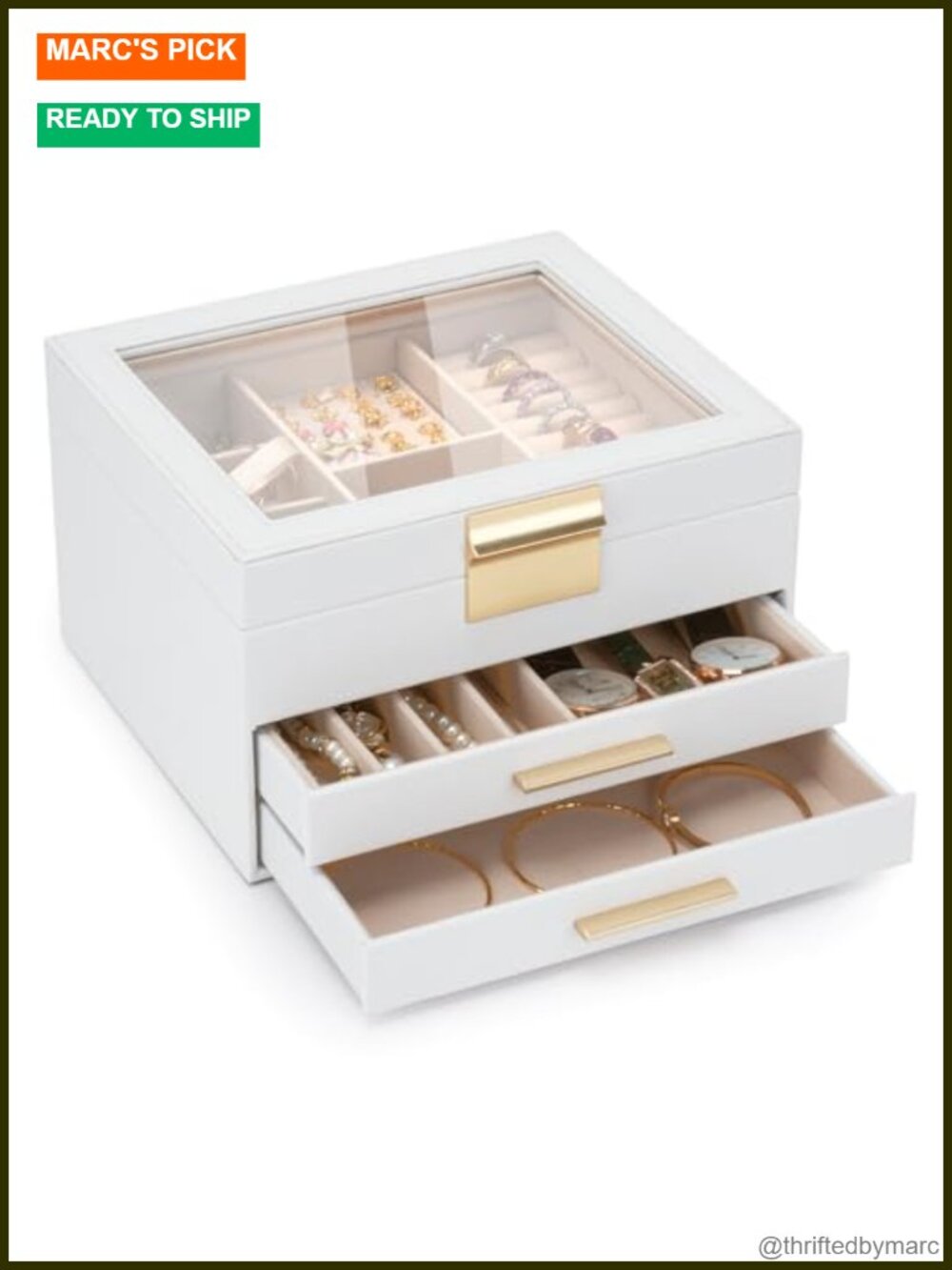 3-Layer Jewelry Box Organizer with Clear Glass Lid & Drawers, PU Leather